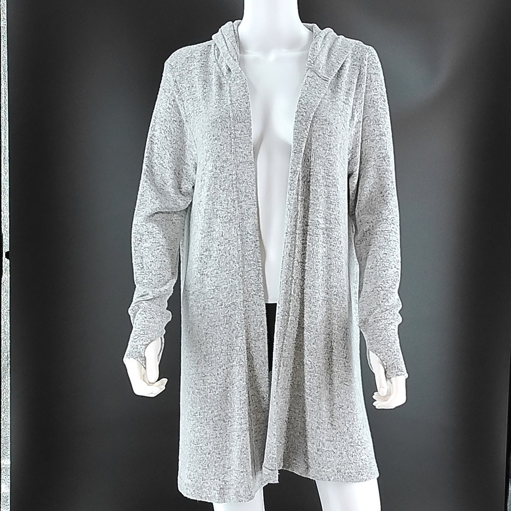 Favorite Soft Cardigan Gray Heathered Hooded Open Front Thumbhole Sleeves Large